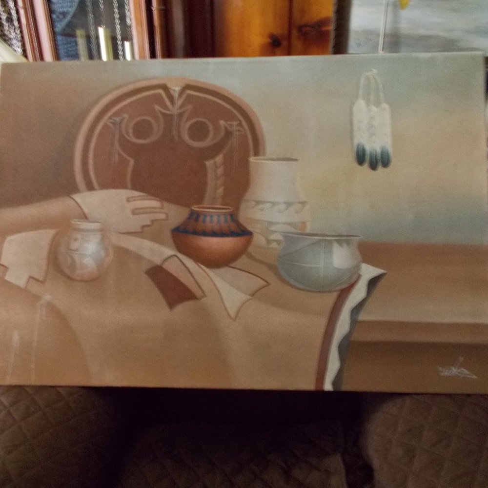 Vintage Pottery Painting by Noted Cultural Artist Mario, Signed  24"x36"